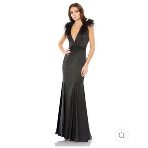 Mac Duggal Black Gown With Feather Shoulder Detail